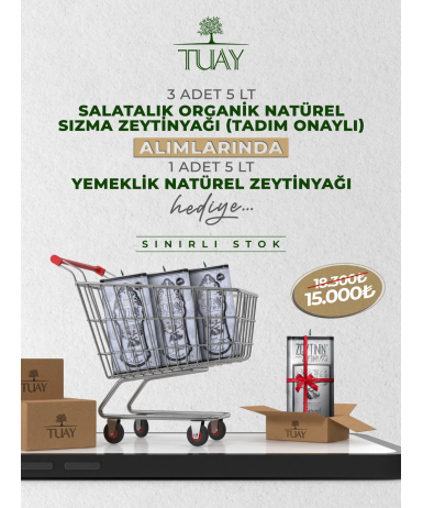 KAMPANYA 1 (3 ADET 5 LT TENEKE SALATALIK ORGANİK NATUREL SIZMA ZEYTİNYAĞI + 1 ADET 5 LT TENEKE YEMEKLİK NATUREL ZEYTİNYAĞI)