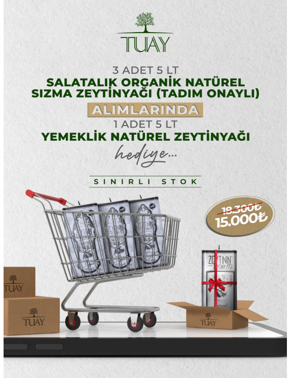 KAMPANYA 1 (3 ADET 5 LT TENEKE SALATALIK ORGANİK NATUREL SIZMA ZEYTİNYAĞI + 1 ADET 5 LT TENEKE YEMEKLİK NATUREL ZEYTİNYAĞI)