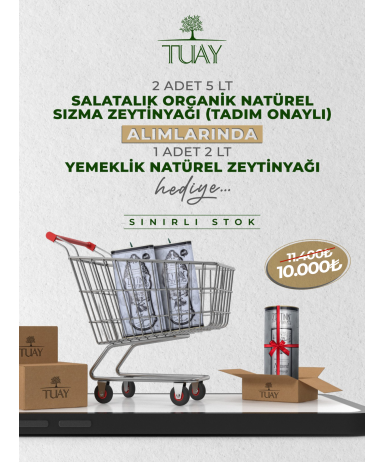 KAMPANYA 2 (2 ADET 5 LT TENEKE SALATALIK ORGANİK NATUREL SIZMA ZEYTİNYAĞI + 1 ADET 2 LT TENEKE YEMEKLİK NATUREL ZEYTİNYAĞI)	