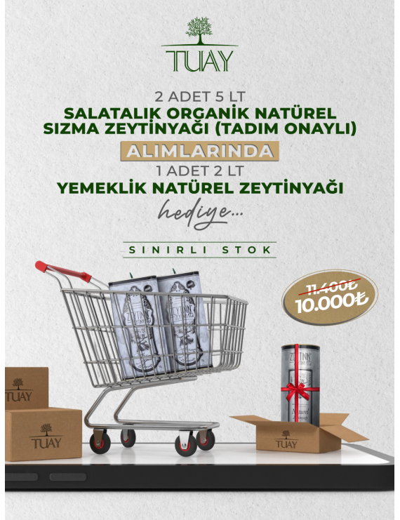 KAMPANYA 2 (2 ADET 5 LT TENEKE SALATALIK ORGANİK NATUREL SIZMA ZEYTİNYAĞI + 1 ADET 2 LT TENEKE YEMEKLİK NATUREL ZEYTİNYAĞI)	