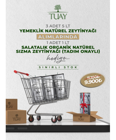 KAMPANYA 3 (3 ADET 5 LT TENEKE YEMEKLİK NATUREL ZEYTİNYAĞI + 1 ADET 1 LT TENEKE SALATALIK ORGANİK NATUREL SIZMA ZEYTİNYAĞI)	