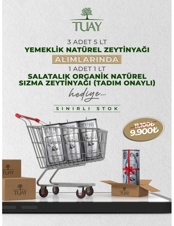 KAMPANYA 3 (3 ADET 5 LT TENEKE YEMEKLİK NATUREL ZEYTİNYAĞI + 1 ADET 1 LT TENEKE SALATALIK ORGANİK NATUREL SIZMA ZEYTİNYAĞI)	