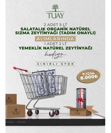 KAMPANYA 2 (2 ADET 5 LT TENEKE SALATALIK ORGANİK NATUREL SIZMA ZEYTİNYAĞI + 1 ADET 2 LT TENEKE YEMEKLİK NATUREL ZEYTİNYAĞI)	