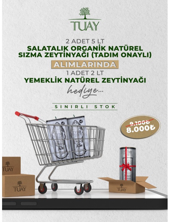 KAMPANYA 2 (2 ADET 5 LT TENEKE SALATALIK ORGANİK NATUREL SIZMA ZEYTİNYAĞI + 1 ADET 2 LT TENEKE YEMEKLİK NATUREL ZEYTİNYAĞI)	