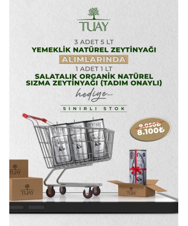 KAMPANYA 3 (3 ADET 5 LT TENEKE YEMEKLİK NATUREL ZEYTİNYAĞI + 1 ADET 1 LT TENEKE SALATALIK ORGANİK NATUREL SIZMA ZEYTİNYAĞI)	