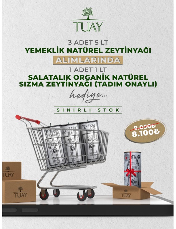 KAMPANYA 3 (3 ADET 5 LT TENEKE YEMEKLİK NATUREL ZEYTİNYAĞI + 1 ADET 1 LT TENEKE SALATALIK ORGANİK NATUREL SIZMA ZEYTİNYAĞI)	